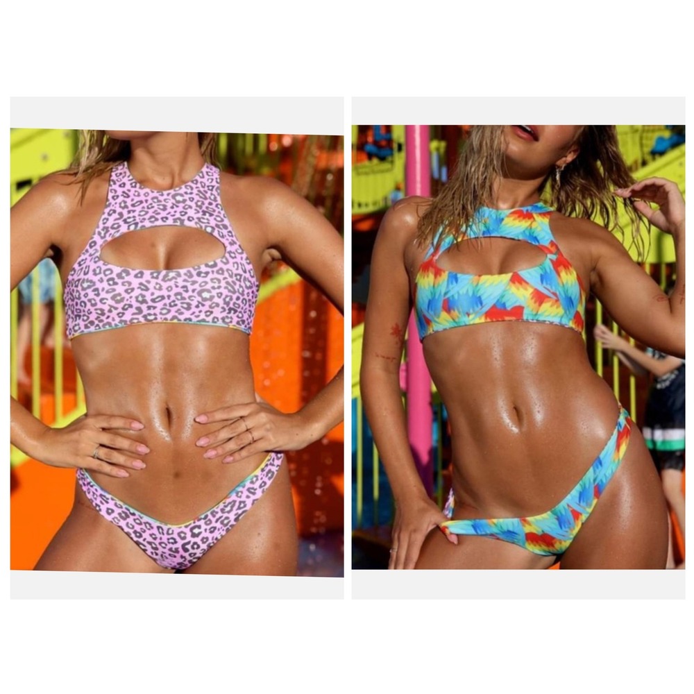 Moana Bikini Reversible Two Piece Swimsuit Tropical Feather Leopard Print M